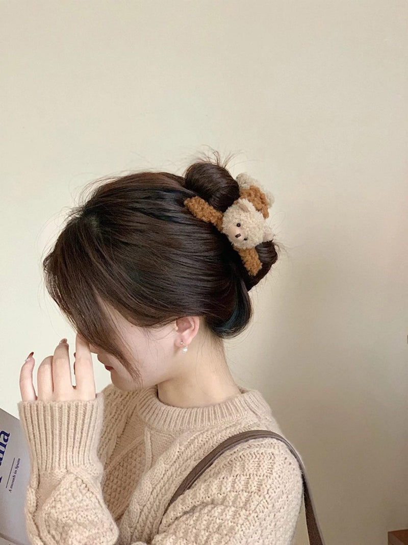 3 Pcs 4.72 Inch Large Hair Claw Clips Cute Fluffy Plush Bear Hair Catch Barrette Jaw Clamp for Women Girls Strong Hold Half Bun Hairpins for Thick Thin Hair Stylish Curly Hair Accessories - BeesActive Australia