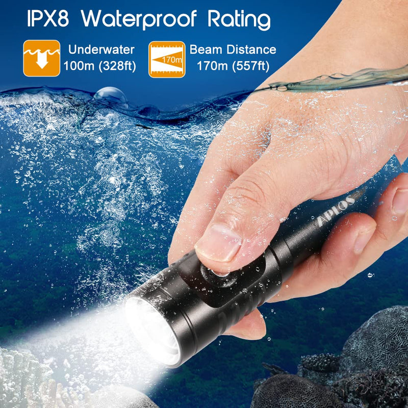 APLOS AP01 Diving Flashlight, XM-L2 5000k LED 1050 Lumen Scuba Dive Light, IPX8 Waterproof Underwater 100m 328ft Professional Submersible Light with Rechargeable Batteries and Charger - BeesActive Australia