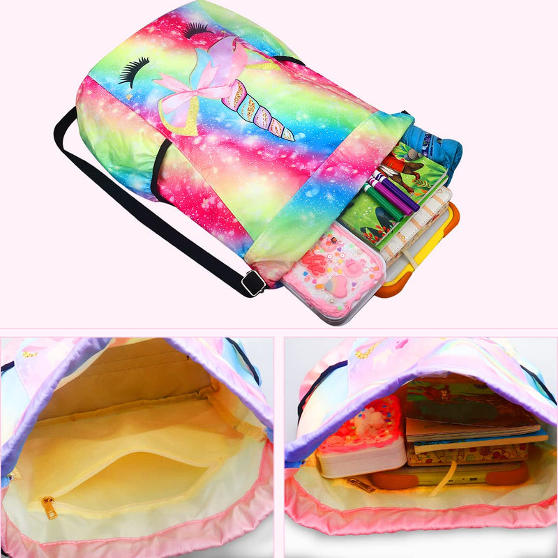 Drawstring Backpack for Kids - Unicorn Bags for Girls Mini Gym Dance Beach Swim Travel Bag With Two Water Bottle Holder Rainbow Unicorn 2 - BeesActive Australia