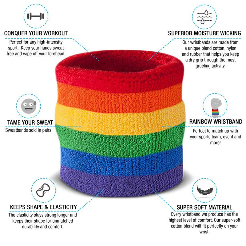 Suddora Striped Wrist Sweatbands - Athletic Cotton Terry Cloth Wristbands for Sports (Pair) Rainbow - BeesActive Australia