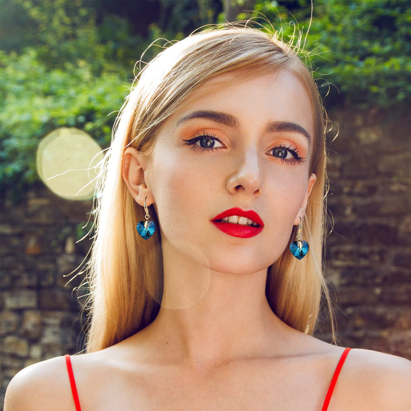 Love Heart Austrian Crystal Earring For Women,14K Gold Plated Hypoallergenic Drop Earrings For Sensitive Ears 1-Gold-Blue - BeesActive Australia