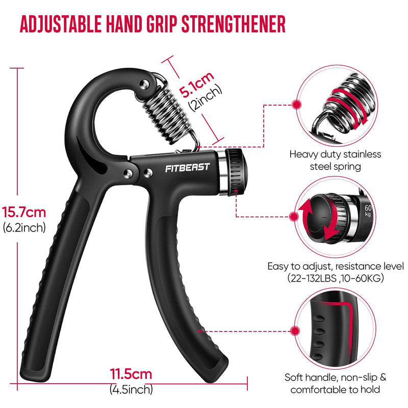 FitBeast Hand Grip Strengthener Workout Kit (5 Pack) Forearm Grip Adjustable Resistance Hand Gripper, Finger Exerciser, Finger Stretcher, Grip Ring & Stress Relief Grip Ball for Athletes Black - BeesActive Australia