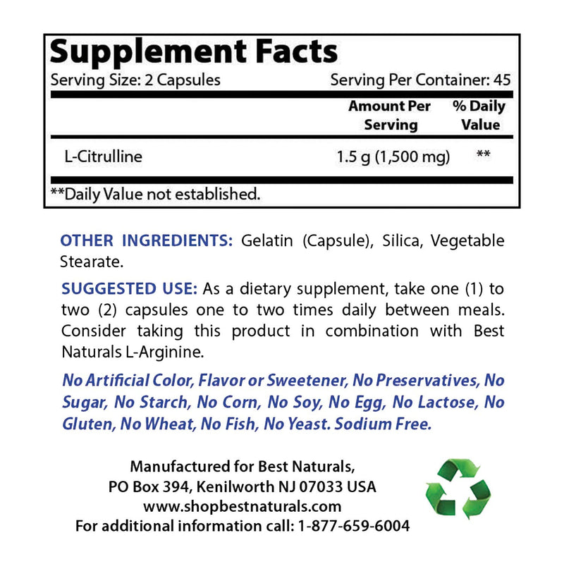 Best Naturals L-Citrulline Capsules - 1500mg/Serving - Non-GMO - Gluten Free - 90 Capsules (90 Count (Pack of 1)) 90 Count (Pack of 1) - BeesActive Australia