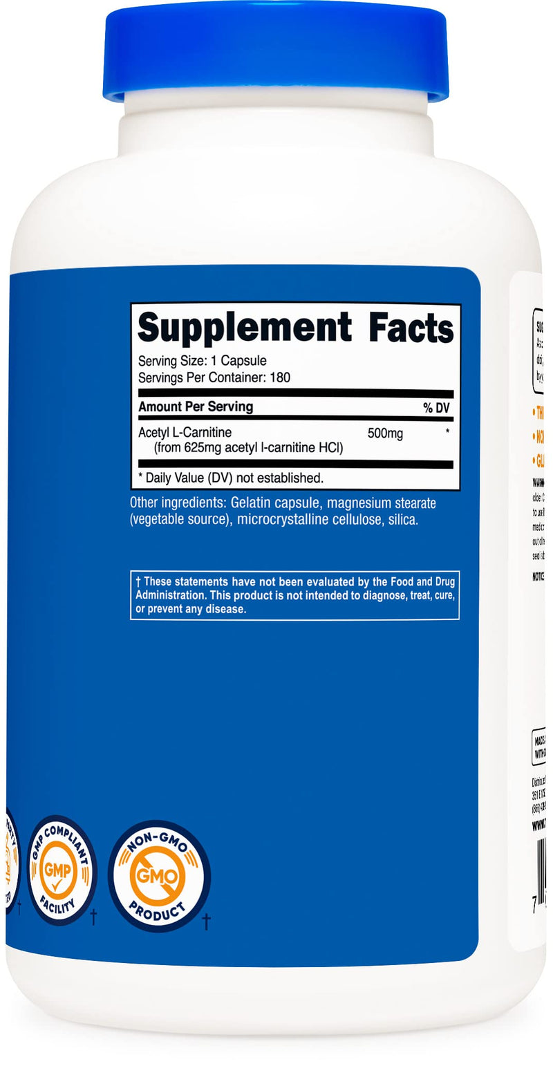Nutricost Acetyl L-Carnitine 500mg, 180 Capsules - Non-GMO and Gluten Free - BeesActive Australia