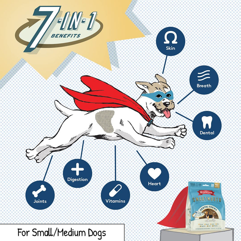 The Missing Link Smartmouth Vet Developed Dental Chew Treats, 7-in-1 Benefits: Healthy Teeth & Gums, Breath, Skin, Joints, Digestion, Heart, Immune System – Small/Medium 15-50lb Dogs 28 Count (Pack of 1) - BeesActive Australia