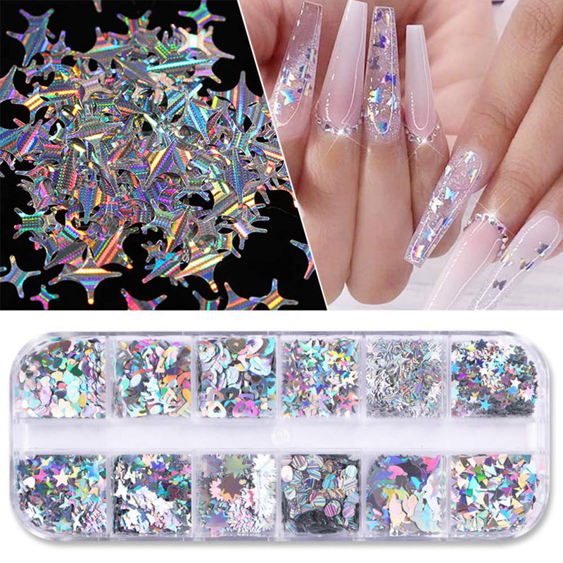 Holographic Nail Art Glitter Sequins Nail Art Supplies Flakes 12 Grids Laser Silver Nail Decals 3D Butterfly Nail Glitters Star Heart Unicorn Nail Art Sticker Confetti for Acrylic Nails Decorations - BeesActive Australia