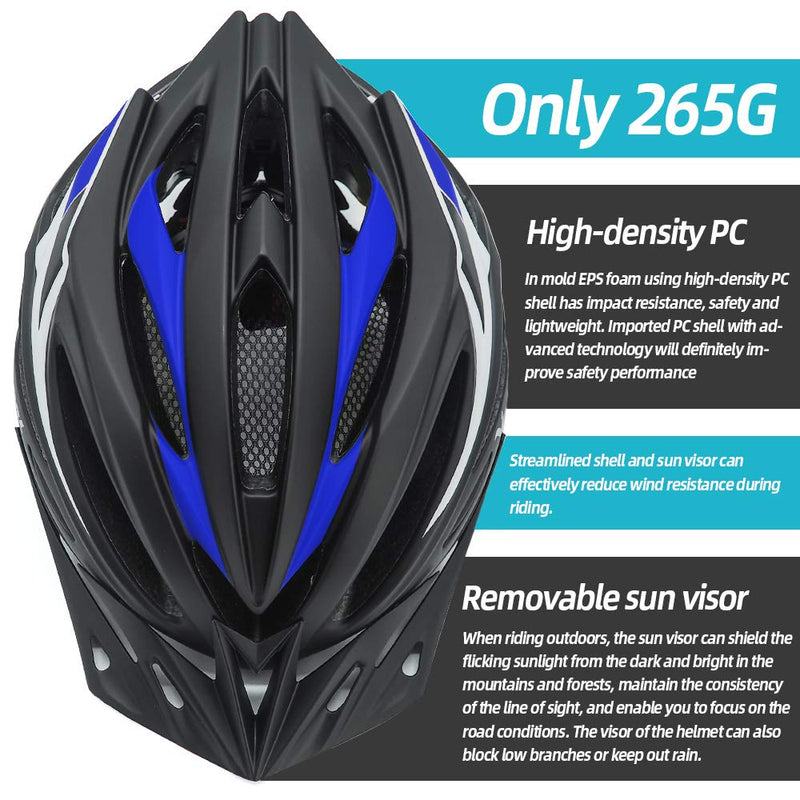 Bike Helmet with Detachable Visor Back Light & Insect Net Padded Adjustable Sport Cycling Helmet Lightweight Bicycle Helmets for Adult Men and Women Youth Teenagers Black Blue - BeesActive Australia