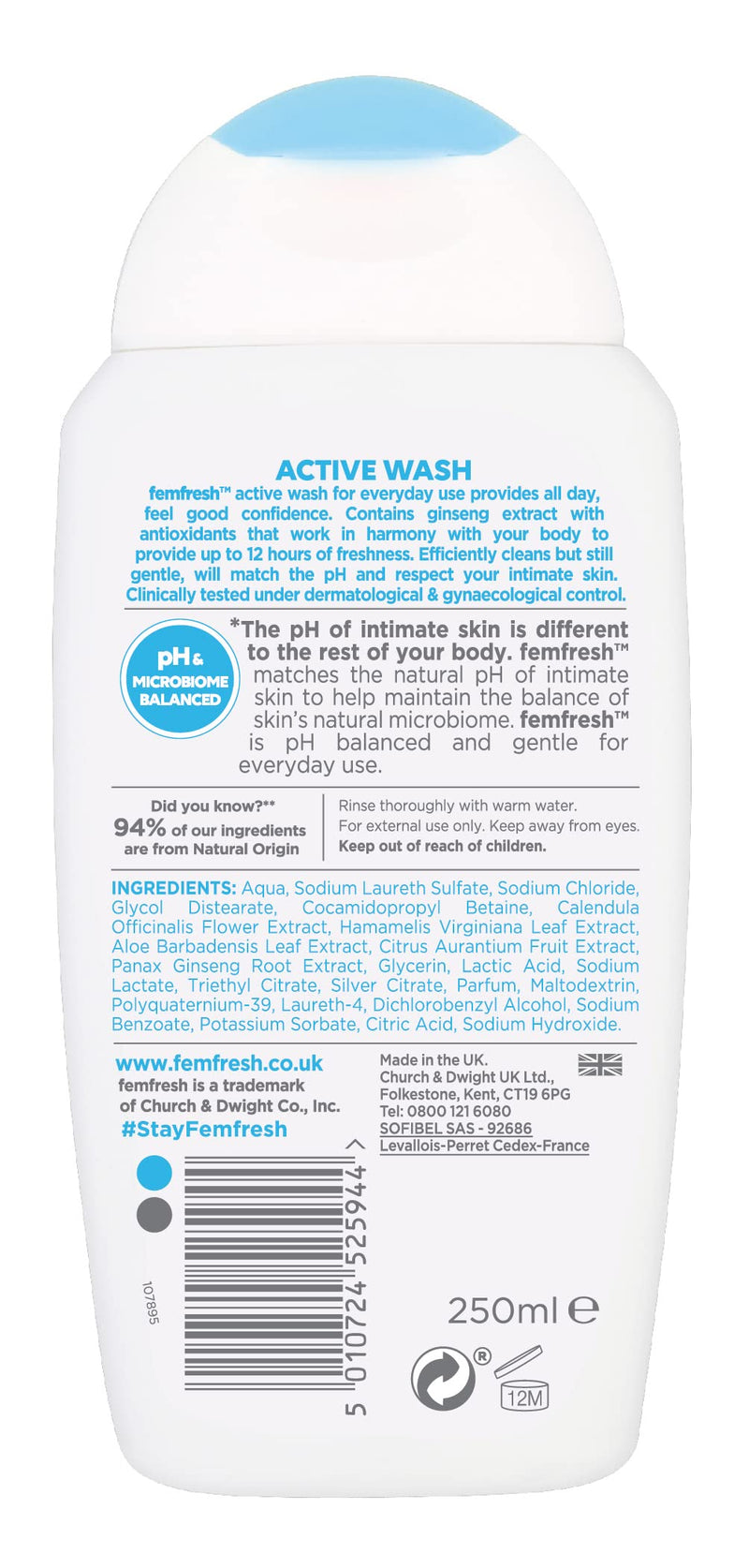 Femfresh Ultimate Care Active Vaginal Wash - Intimate Feminine Hygiene Shower & Bath Gel Cleanser - pH Balanced, Soap Free, Fragrance Free Gel Formula with 12-hour Sweat Protection - 250ml 250 ml (Pack of 1) - BeesActive Australia