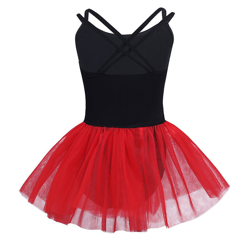 [AUSTRALIA] - iEFiEL Girls Cotton Spaghetti Straps Ballet Dance Gymnastics Leotard with Mesh Tutu Skirt Dancing Outfit 3 / 4 Black/Red 