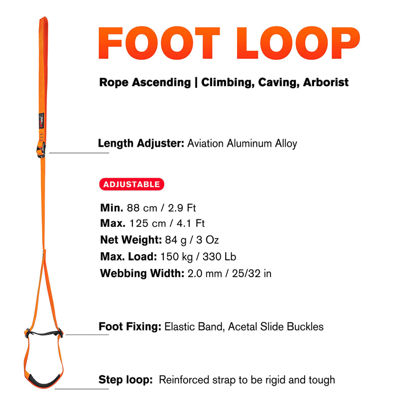 GM CLIMBING Foot Loop Ascender Sling Adjustable for Rope Ascending Climbing Arborist Caving Aid Climbing Gear SRT Rope Walking Frog Ascending Foot Loop - Orange & Carabiner - BeesActive Australia