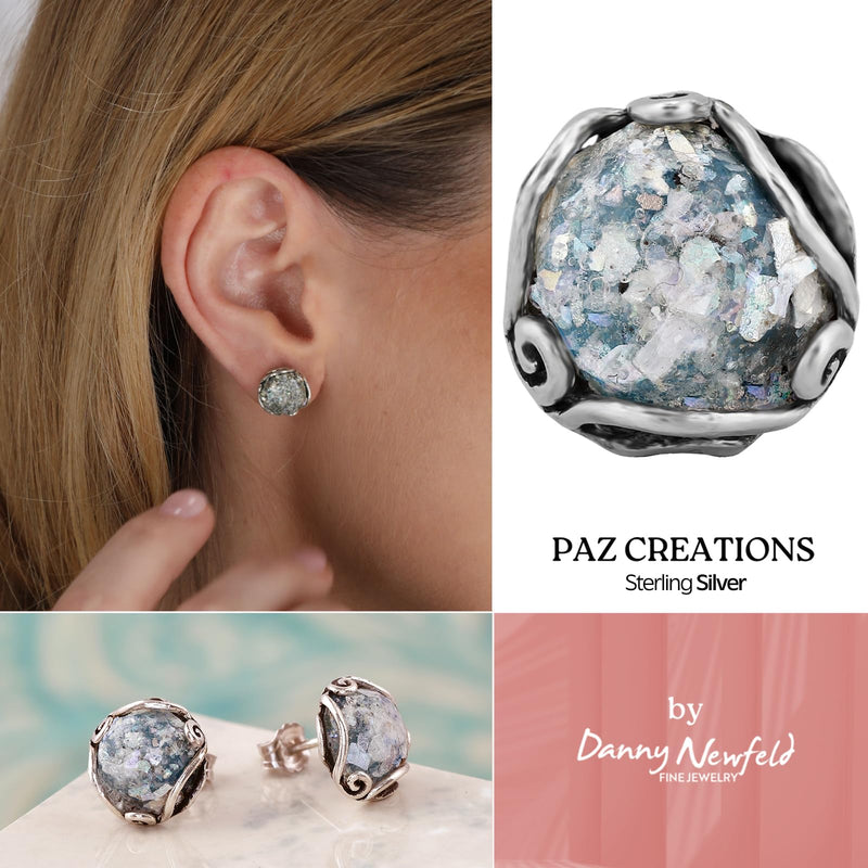 Paz Creations Women's 925 Sterling Silver Roman Glass Patina Stud Earrings - Handcrafted In Israel Round-Cut Ball Earring - Unique Natural Organic Jewelry For Her - BeesActive Australia