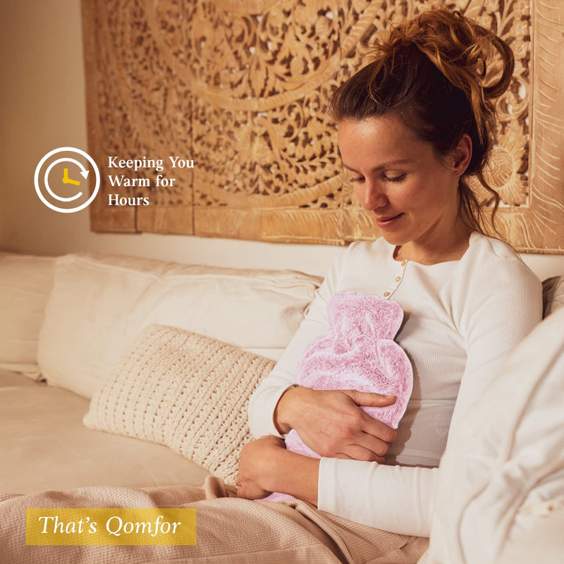 Qomfor Hot Water Bottle with Cover - Premium Fluffy Faux Fur Cover with Kangaroo Pocket - 1.8l Large - Hot Water Bag for Pain Relief, Neck and Shoulders, Hands and Feet, Cosy Nights (Pink) Pink - BeesActive Australia