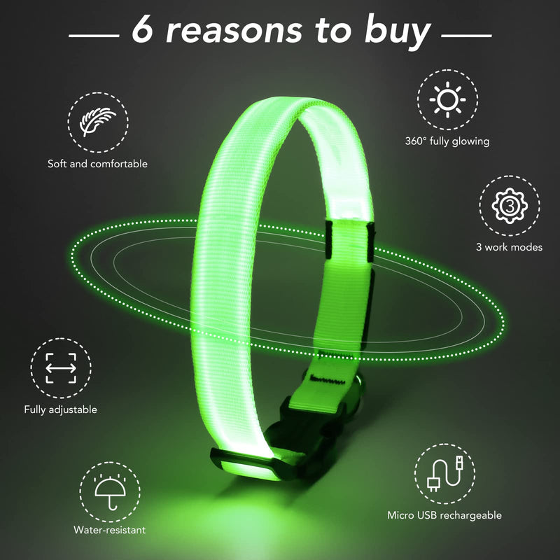 KOSKILL Light Up Dog Collar at Night, Led Dog Collar Adjustable, Lighted Dog Collar Rechargeable Waterproof, Dog Lights for Night Walking, Glow in The Dark Dog Collars Light for Medium Large Dogs Green - BeesActive Australia
