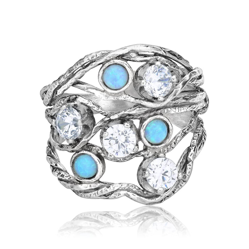 925 Sterling Silver Ring With 3 Blue Round Opal and 4 White Round Cubic Zirconia, Boho Chic Vintage Look, Hypoallergenic, Nickel and Lead-free, Artisan Handcrafted Designer collection, Made In Israel 6 - BeesActive Australia