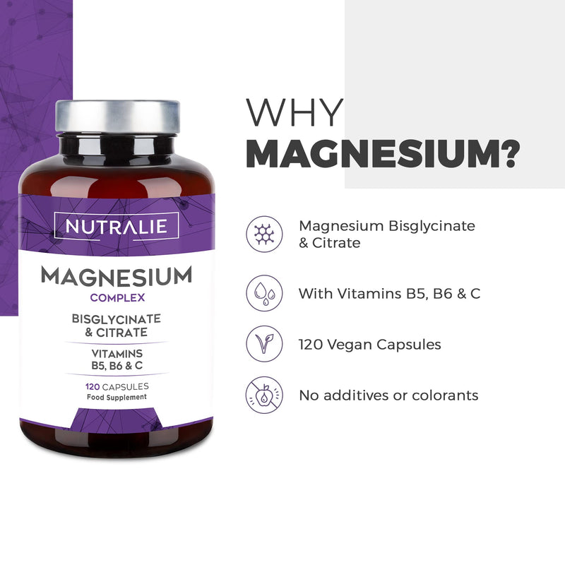 Magnesium Glycinate with Vitamin C, B5 and B6 | Magnesium Bisglycinate and Citrate 100% Bioavailable | 120 Capsules of 715mg | Nutralie - BeesActive Australia