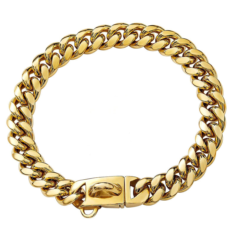 Strong Stainless Steel Gold Dog Collars with Safety Buckle Lock,14MM Cuban Link Chain Training Collar,Dog Necklace Walking Collar for Small Medium & Large Dogs 18 Inch - BeesActive Australia