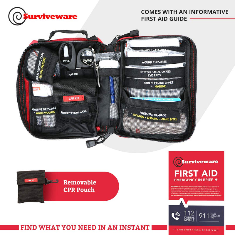 Surviveware Small First Aid Kit with Labelled Compartments for Hiking, Backpacking, Camping, Travel, Car and Cycling. - BeesActive Australia
