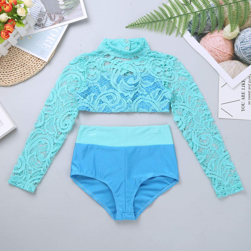 [AUSTRALIA] - ranrann Kids Girls Long Sleeves Lace Ballet Dance Outfit Criss Cross Back Mock Neck Tops with Bottoms Set Mint_green&light_blu 7-8 