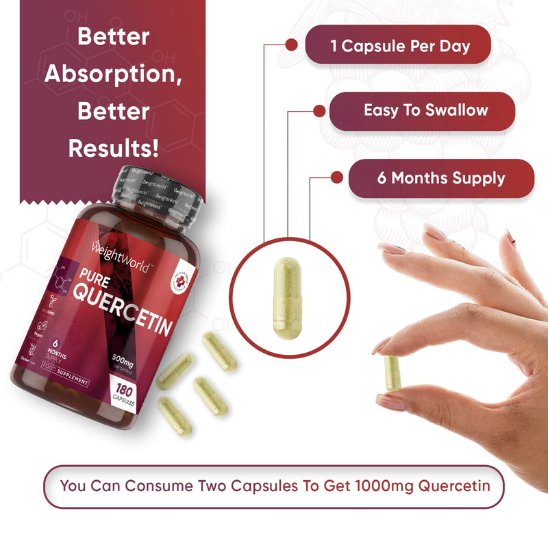 Pure Quercetin Capsules - 6 Months Supply (180 Vegan Quercetin Powder Capsules) - High Strength Quercetin Supplement - Offers Better Absorption & Effectiveness - Natural Immunity Supplement - BeesActive Australia