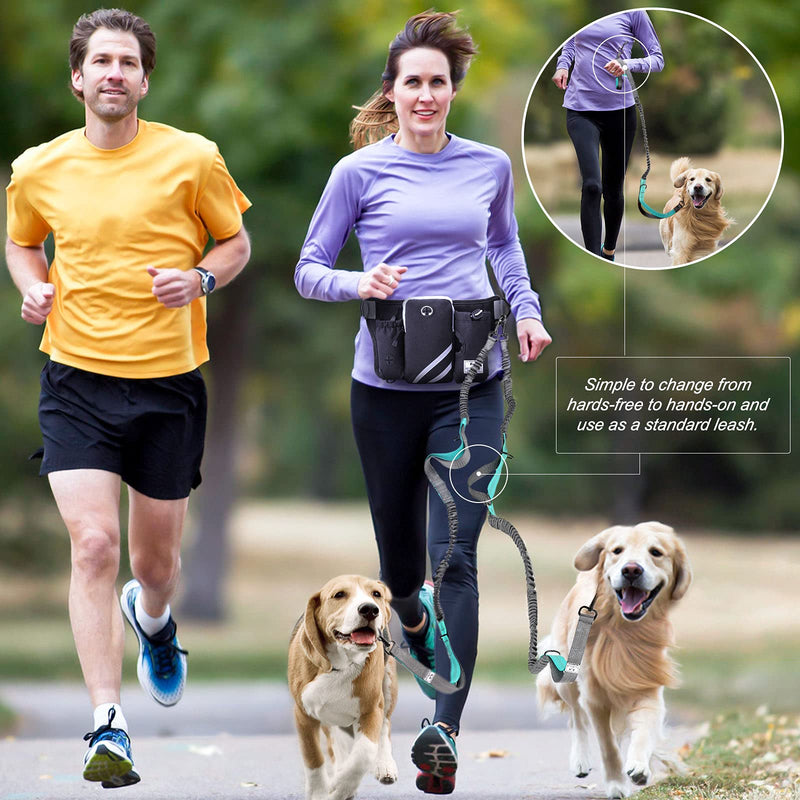 SHINE HAI Retractable Hands Free Dog Leash with Dual Bungees for Dogss, Adjustable Waist Belt, Reflective Stitching Leash for Running Walking Hiking Jogging Biking Blue For 2 Dog - BeesActive Australia