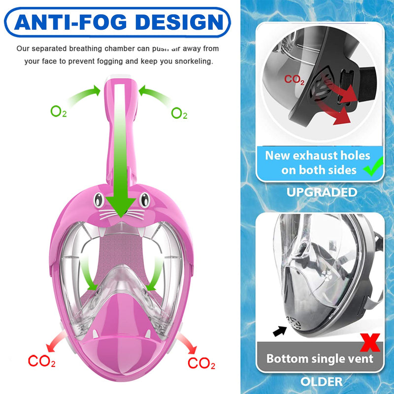 Jwintee Full Face Snorkel Mask, Diving Mask for Kids and Adults,180° Panoramic View Snorkel Mask with Camera Mount, Safe Breathing, Anti-Leak&Anti-Fog Pink-Kids X-Small - BeesActive Australia