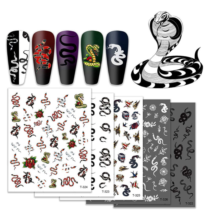 5 Sheets 3D Snake Nail Stickers Self-Adhesive Nail Decals Python Black Mamba Skull Eagle Pattern Design Adhesive Nail Sticker Punk Style DIY Nail Art Decoration (5 Sheets Snake Design Stickers/Set) 5 Sheets Snake Design Stickers /Set - BeesActive Australia