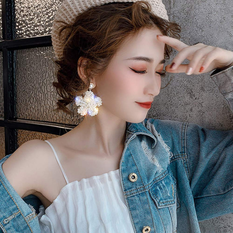 Xerling Floral Crystal Flower Dangle Drop Earrings Pearl Stud Earrings Bling Sparkling Big Flower Drop Earrings for Bridal Wedding - BeesActive Australia