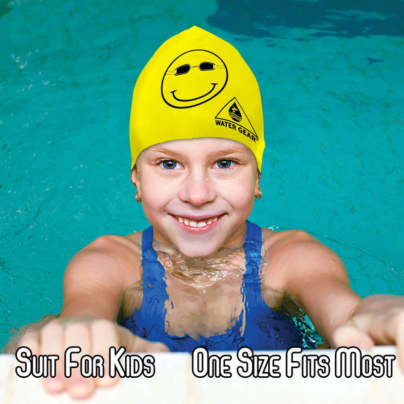 Water Gear Latex Swim Cap - Swimming Caps for Girls Long Hair - Waterproof Swimming Cap - Happy Face Black/Yellow - BeesActive Australia