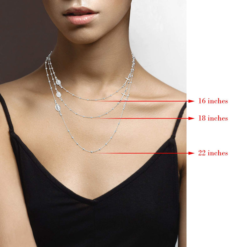 Miabella 925 Sterling Silver Italian Rosary Beaded Sideways Cross Necklace 16, 18, 22 Dainty Chain Necklace for Women Teen Girls Made in Italy Length 16 Inches (short choker length) - BeesActive Australia