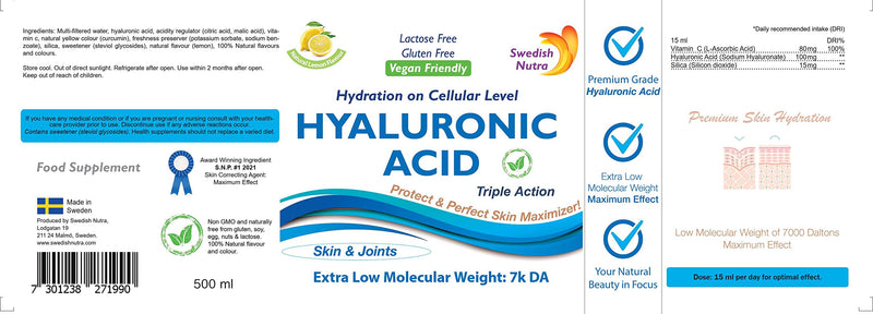 Swedish Nutra Hyaluronic Acid - Pack of 500ml, 20 Day Supply | Sugar Free Lemon Flavour | Bringing Hydration & Moisture on a Cellular Level | 100% Natural Flavour | High Absorption Rate - BeesActive Australia