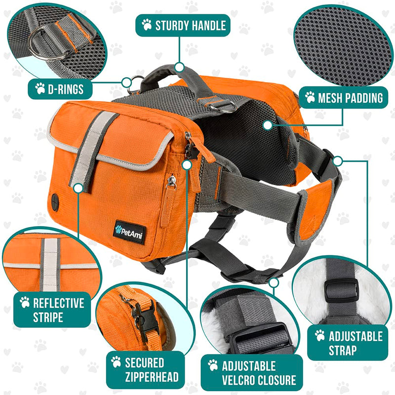 PetAmi Dog Backpack for Medium Large Dogs, Dog Saddle Bag for Dogs to Wear, Harness Saddlebag with Reflective Safety Side Pockets for Hiking, Camping, Vest Dog Pack for Travel Orange - BeesActive Australia
