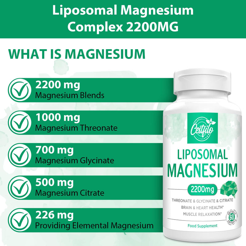 Cestfilo Liposomal Magnesium Complex 2200mg-Liposomal Complex High Potency Magnesium Threonate, Magnesium Glycinate, Magnesium Citrate, Powerful Supplement, Gluten Free, 60 softgels. 60 Softgels(pack of 1) - BeesActive Australia