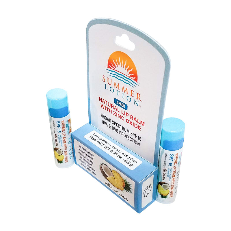 Natural Lip Balm with Zinc Oxide Sunblock by Summer Lotion, SPF 15 Lip Sunscreen 2-Pack, Water Resistant Chapstick, SPF Lip Protection for Everyone, (Pina Colada) Pina Colada - BeesActive Australia