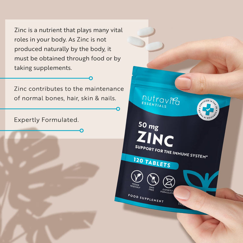 Zinc Tablets 50mg � 120 High Strength Vegan Tablets (4 Months Supply) � Highly Absorbable Zinc Supplements for Maintenance of Normal Immune System, Bones, Hair, Skin & Nails � Made in UK by Nutravita - BeesActive Australia