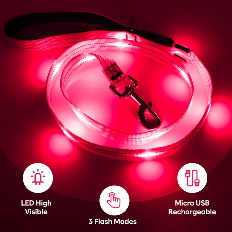 KOSKILL 4 Ft Led Dog Leash, Rechargeable Light Up Dog Leash Waterproof, Safety Glow in The Dark Dog Leash for Night Walking, Nylon Reflective Leashes with Padded Handle for Small Medium Large Pets Pink - BeesActive Australia