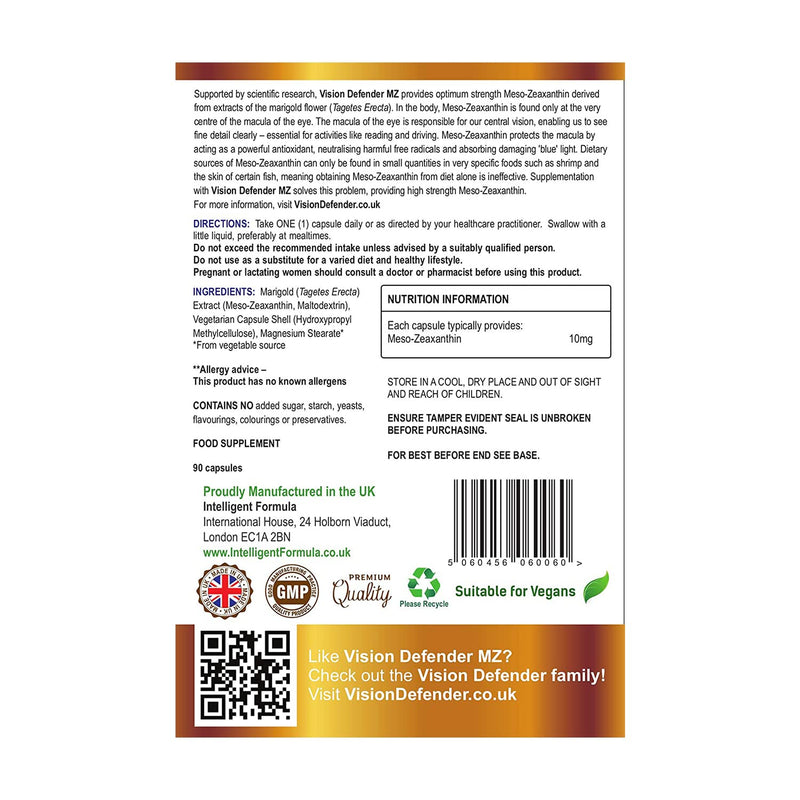 Meso Zeaxanthin Supplement - VISION DEFENDER MZ � High Strength Eye Vitamins Nutrients & Antioxidant Carotenoid for Ocular Health, Eye Care & Eyesight Support �Vegan (90 capsules/One-A-Day) Made in UK - BeesActive Australia