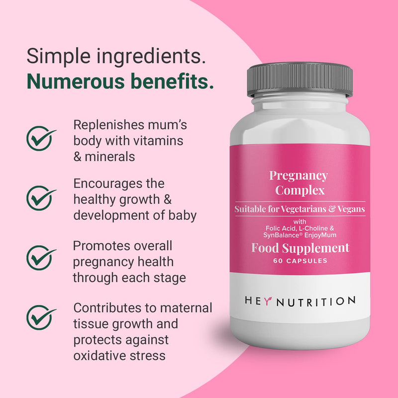 Hey Nutrition Pregnancy Complex Supplement - Suitable for Vegetarians & Vegans - Folic Acid, L-Choline, Iodine, SynBalance� EnjoyMum - Mum & Baby Support - UK Manufactured - Non-GMO - 60 Capsules - BeesActive Australia