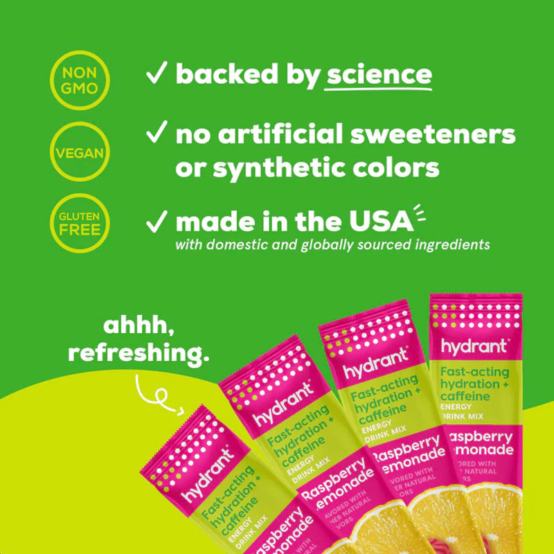 Hydrant Energy, Individual Caffeinated Hydration Powder Stick Packets with 100mg of Caffeine, Electrolytes, and L-Thenanine (Raspbery Lemonade, 30 Count) Raspberry Lemonade 30 Servings (Pack of 1) - BeesActive Australia
