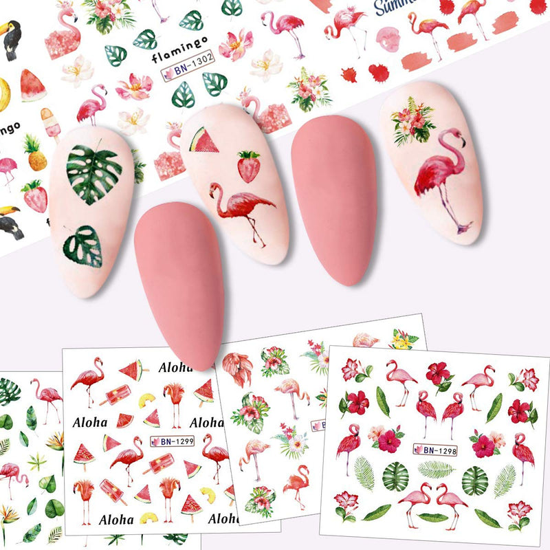 Flamingos Nail Art Stickers Decals Acrylic Nail Supplies Designer Nail Sticker for Nail Art 12 Pcs Water Transfer Flamingos Flower Green Leaves Spring&Sunmer Nail Accessories Decorations for Women Girls - BeesActive Australia