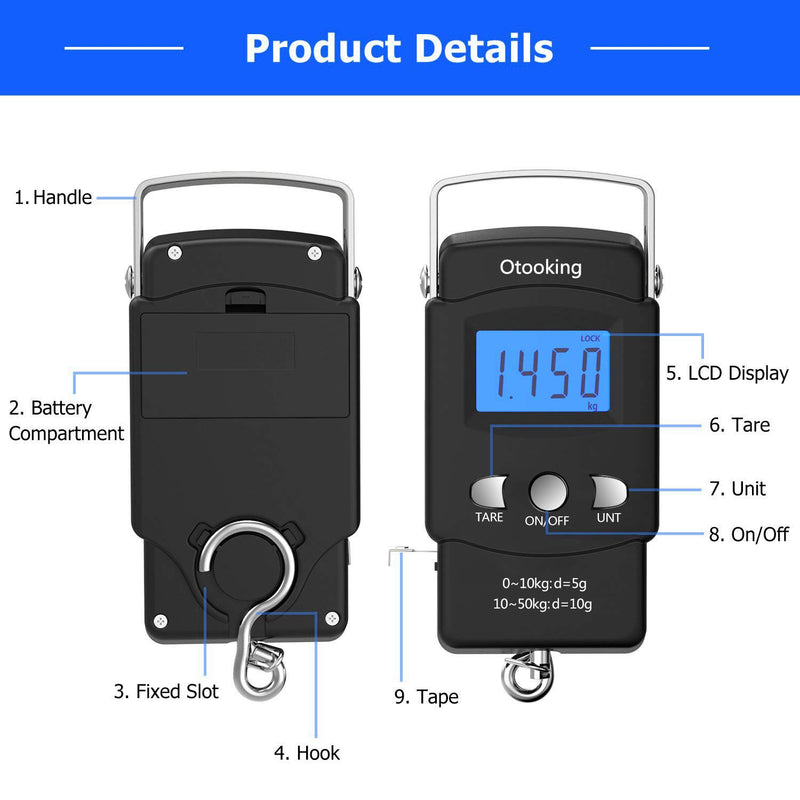 [AUSTRALIA] - Digital Fish Scale fishing weights Scale, hanging scale digital weight Backlight LCD Display 110lb/50kg Electronic Balance Digital Fishing Postal Hanging Hook Scale with Measuring Tape 2AAA Batteries 