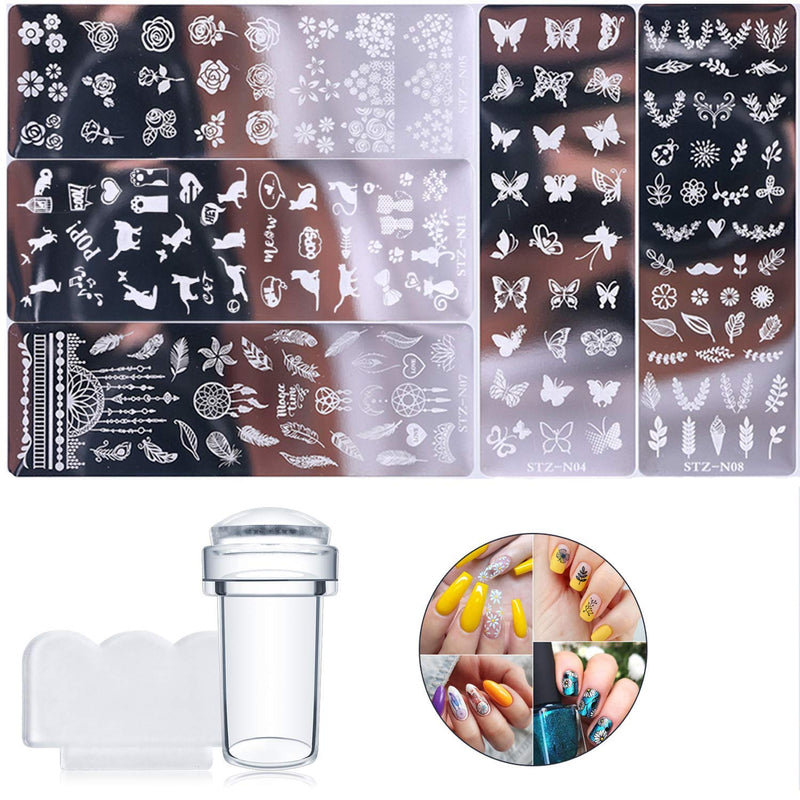 5 Pcs Nail Polish Printing Plate+1 Piece Of Stamper+1 Piece Of Scraper Diy Set Butterfly Rose Bohemian Feather Leaf Cat Pattern Nail Art Decoration - BeesActive Australia