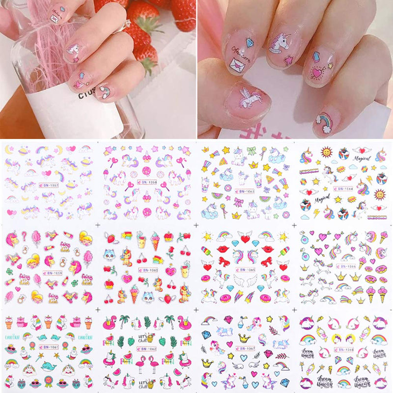 Unicorn Nail Art Stickers Water transfer Nail Decals Cute Stars Moons Flamingo Rainbows Unicorns Nail Stickers for Girls Women Kids DIY Manicure Design Nail Decoration Accessories (12 Sheets) - BeesActive Australia