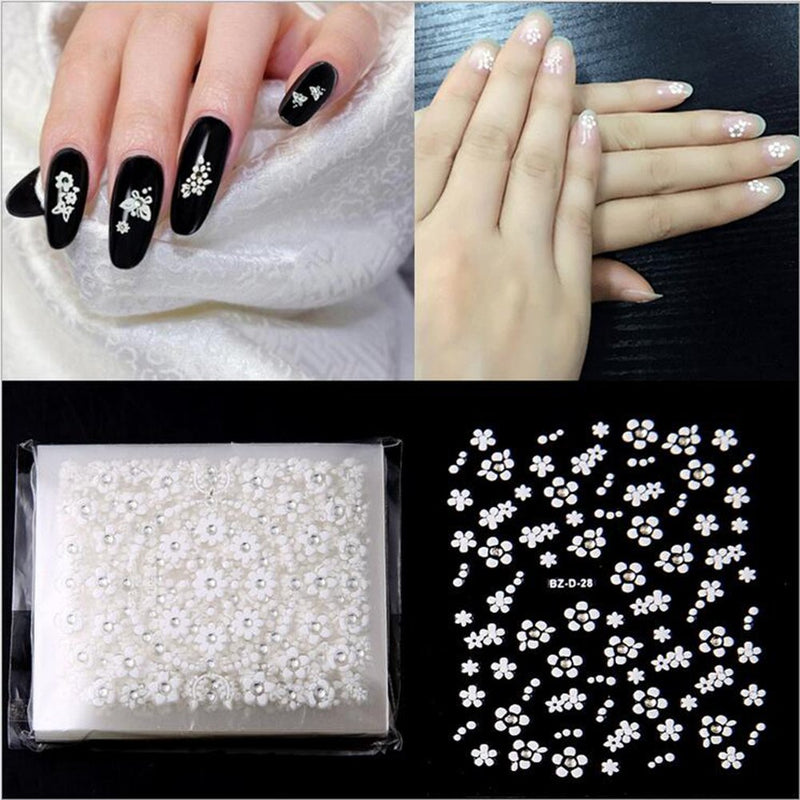 WOKOTO 30pcs White Adhesive 3d Nail Stickers Flower Nail Art Decoration Accessory With 1 Pcs Anti-Static Tweezers And 5 Pcs Wood Nail Art Stick Cuticle Pusher - BeesActive Australia