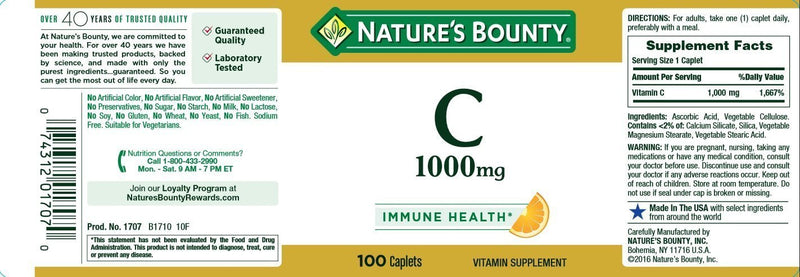 Nature's Bounty Vitamin C Pills and Supplement, Supports Immune Health, 1000mg, 100 Caplets, 2 Pack - BeesActive Australia