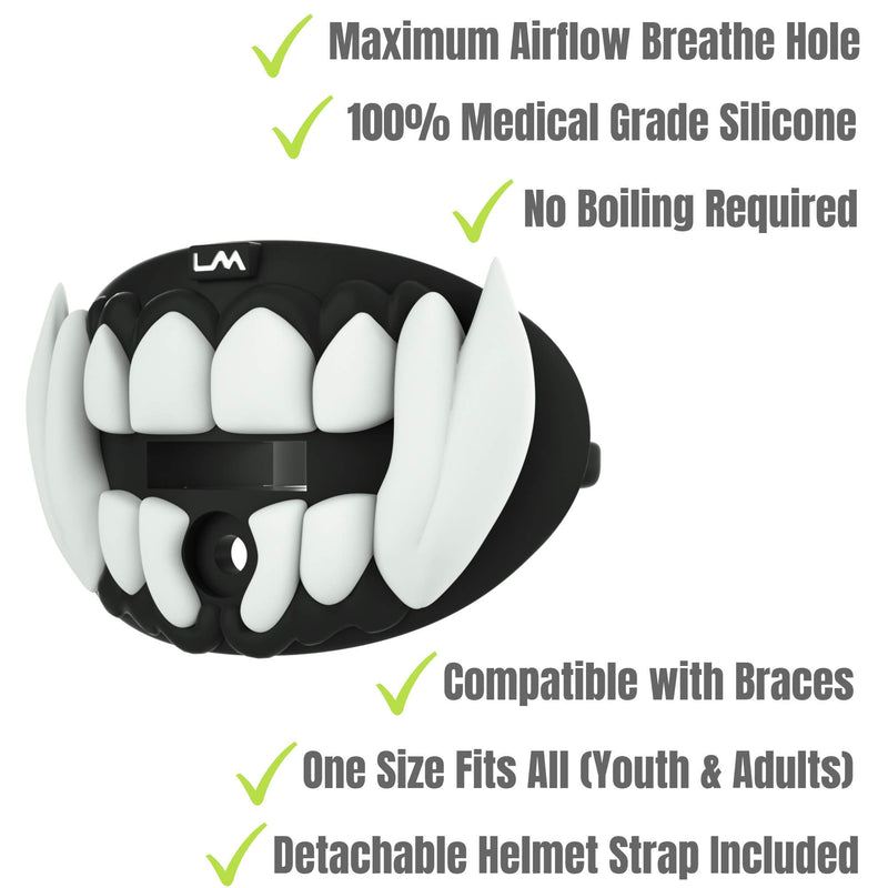 [AUSTRALIA] - Loudmouth Football Mouth Guard | 3D Beast Adult and Youth Mouth Guard | White and Black Mouth Piece for Sports | Maximum Air Flow Mouth Guards | Pacifier Lip and Teeth Protector Black w/ White Teeth 