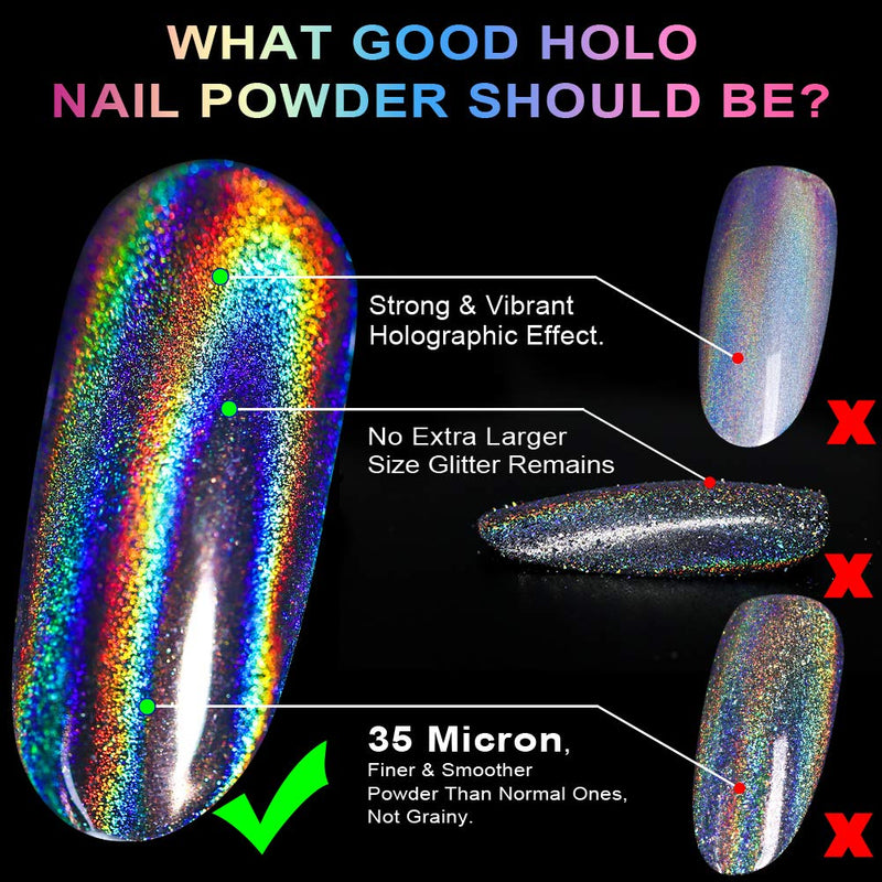 Holographic Nail Powder Holo Powder for Nails Chrome Nail Powder Rainbow Unicorn Mirror Effect Glitter Dust Multi Manicure Pigment Nail Art DIY Deco with Sponge Tool/3pcs, 0.04oz/1g - BeesActive Australia