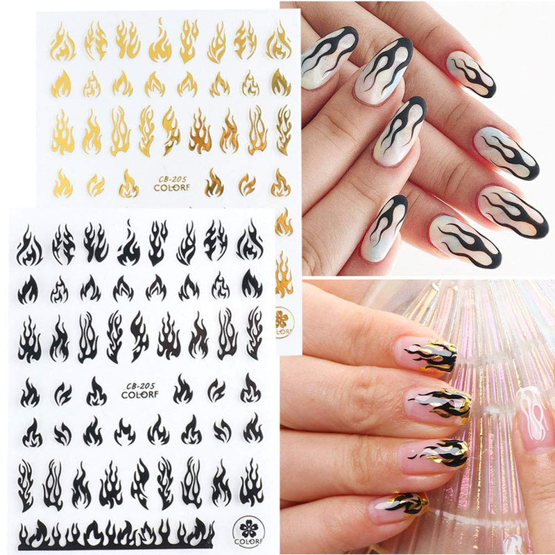 4 Sheets Flame Nail Art Stickers 3D Fire Flame Nail Decals Nail Art Supplies Adhesive Nail Foils White Black Silver Gold Flame Nail Sticker for Acrylic Nails Design Nail Vinyls Stencil Accessories - BeesActive Australia