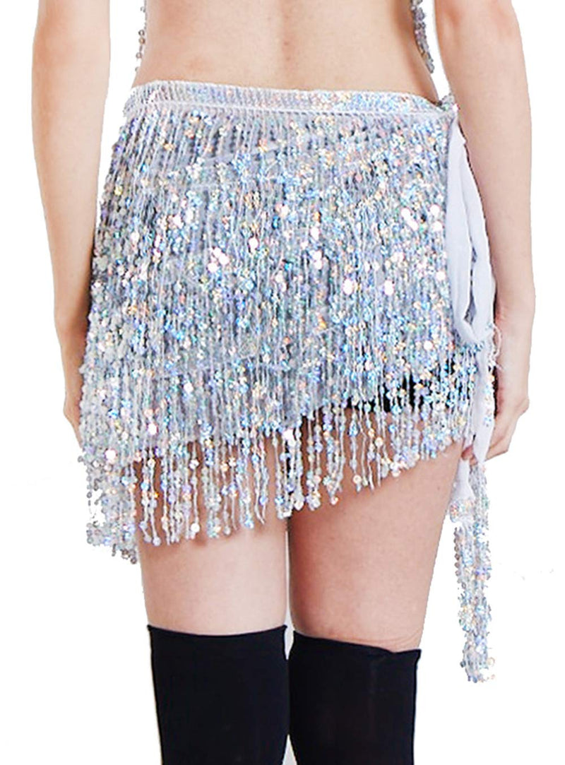 [AUSTRALIA] - Lauthen.S Women Belly Dance Hip Scarf Sequin Tassel Beach Wrap Skirt Silver 