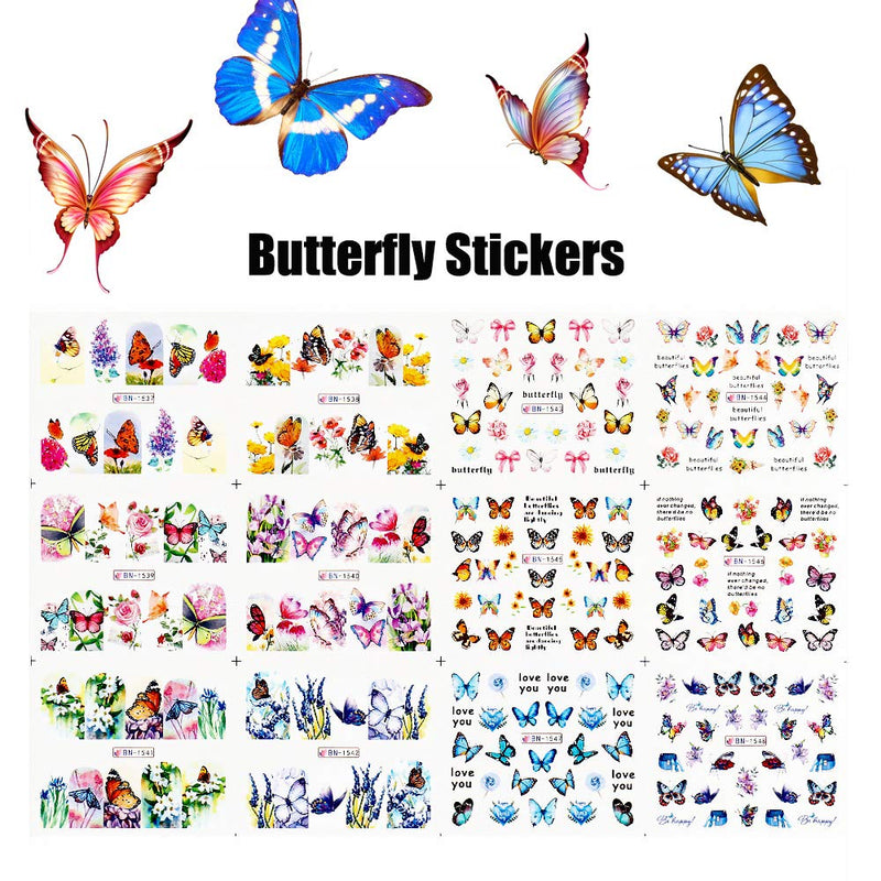 ACEDICHY Butterfly Nail Art Stickers Water Transfer Nail Decals for Acrylic Nails Decoration Flowers Butterfly Design Nail Art Manicure Tips Accessories DIY Nail Supplies(12 Pcs) - BeesActive Australia