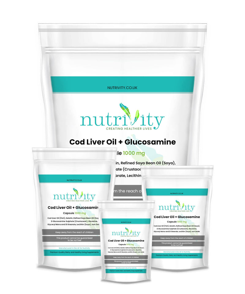 Cod Liver Oil & Glucosamine 1000mg Capsules for Joint Health with Omega 3 by Nutrivity UK 120 Caps - BeesActive Australia